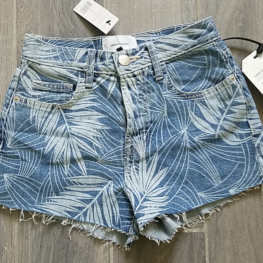 Current/Elliot High Waist Palm Leaf Denim Shorts
